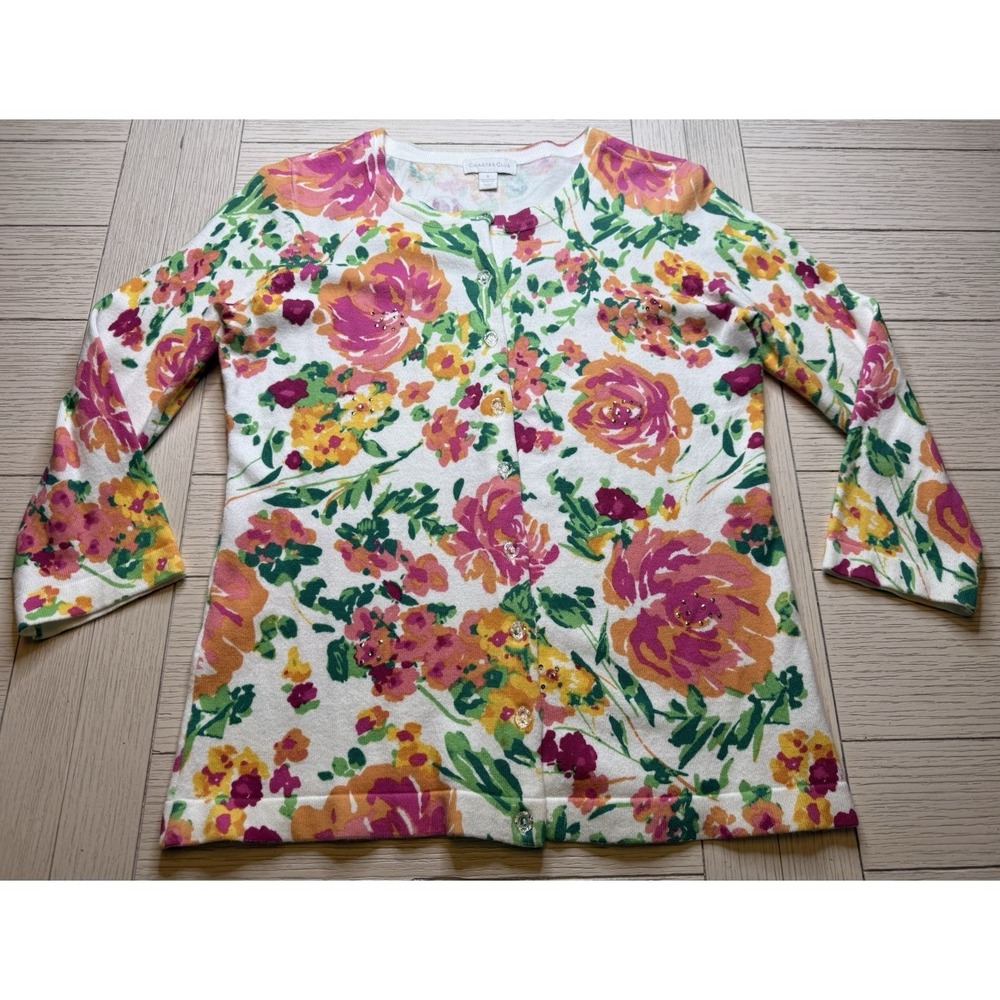 Charter Club Pink Green Orange Floral Print Cardigan Long Sleeve Light Sweater S